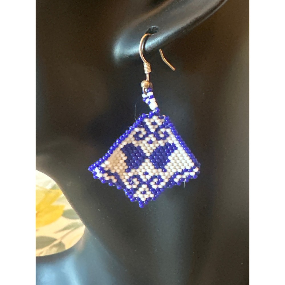 Blue White Beaded Geometric Diamond Drop Earrings Boho Handmade Seed Bead